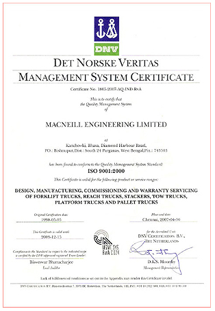 macneill forklift quality certificate